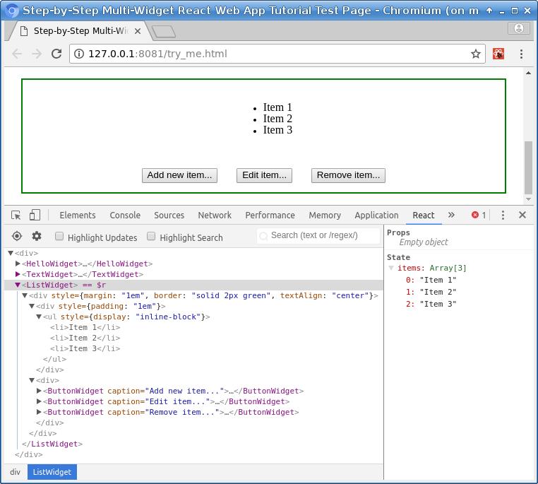 React Dev Tools showing the 'items' array in 'state'.