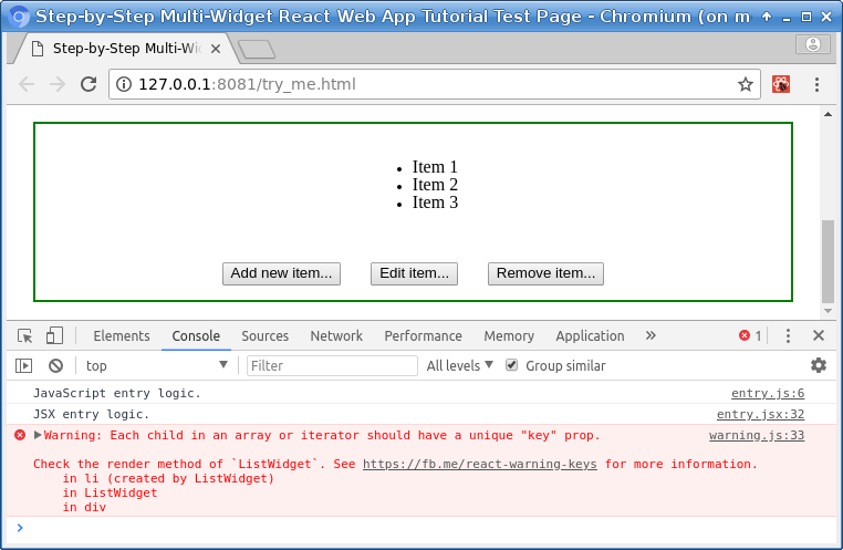 JavaScript console showing no 'key' prop warning.