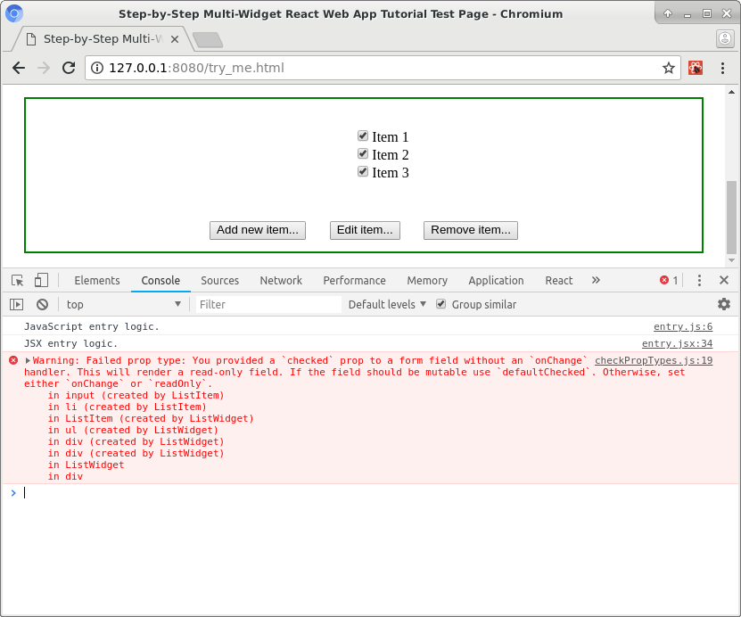 React warning that value prop passed but no event handler specified.