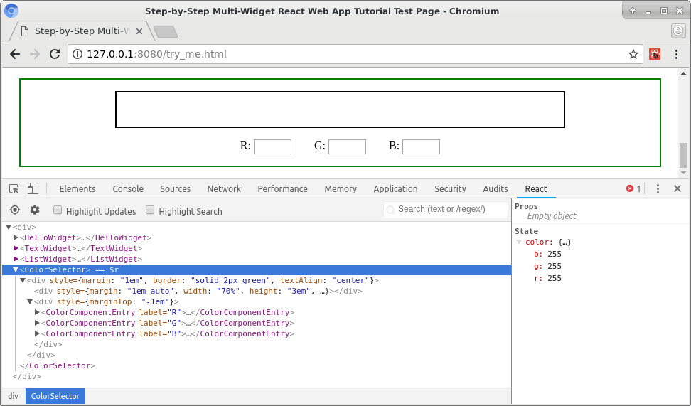 State schema for <ColorSelector> is just the RGB triplet for the color being selected.