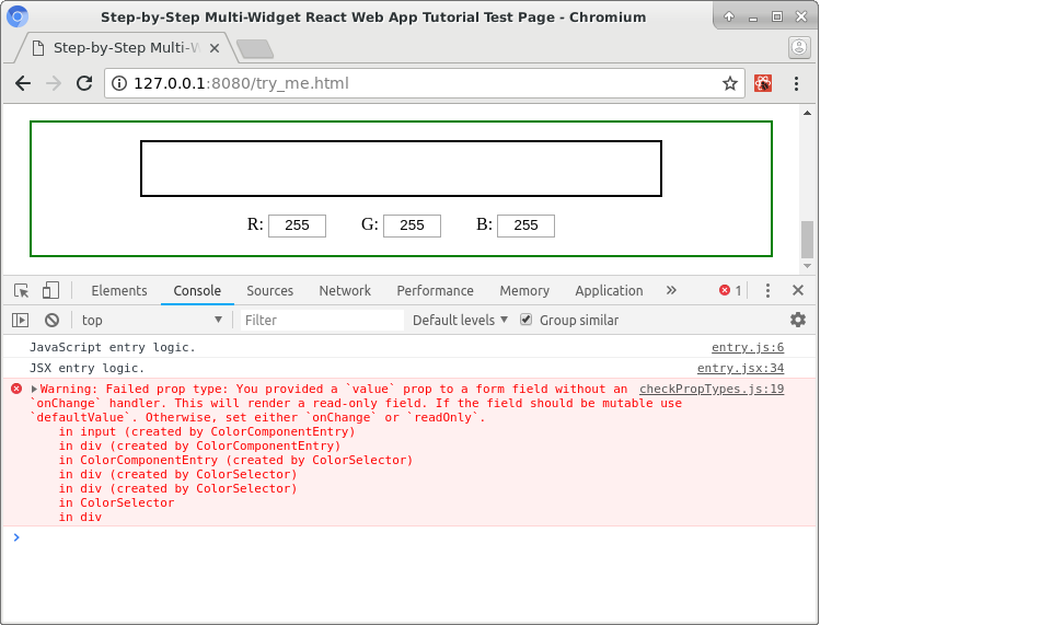 React warning regarding absence of 'onChange' handler.