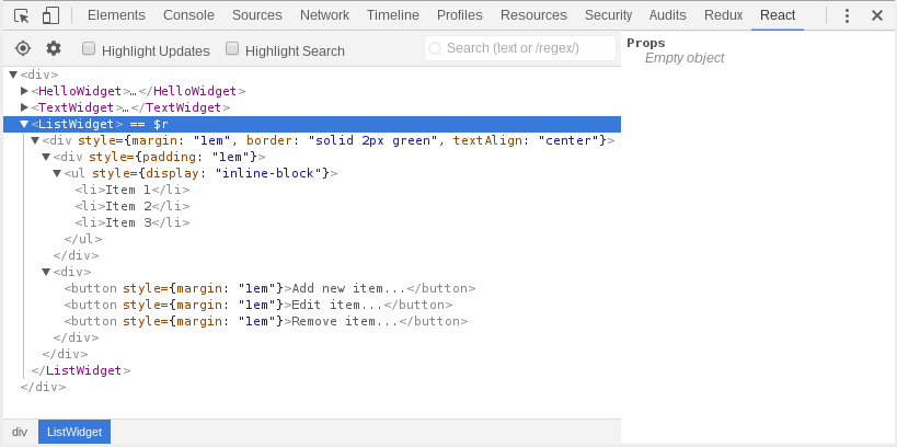 Viewing initial widget structure