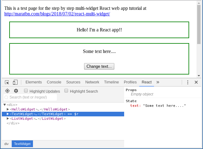 React Dev Tools showing the 'text' 'state' field.