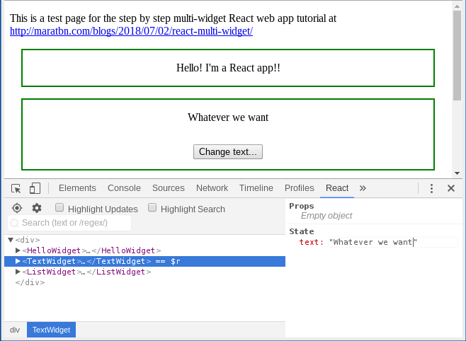 React Dev Tools showing the 'text' 'state' field that has been manually changed to \